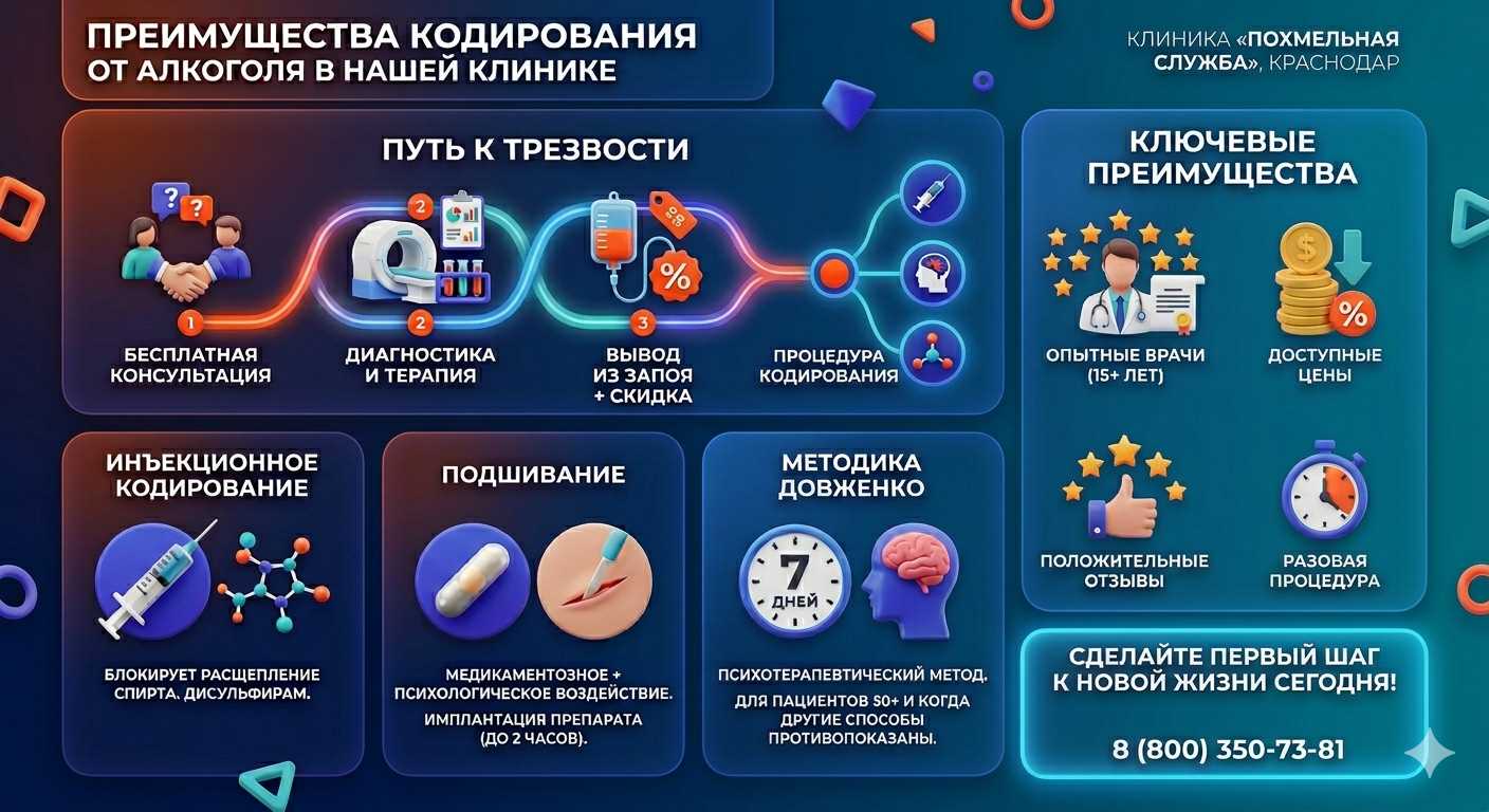 Инфографика о методах кодирования от алкоголя в Миасском: инъекции, подшивание, метод Довженко. Преимущества клиники и этапы лечения.